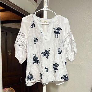 White and Blue Embroidered Women's Top